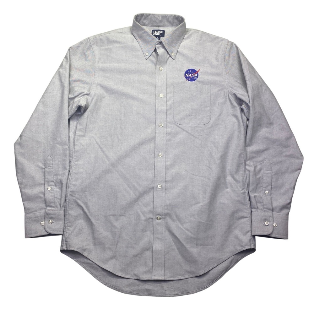 Lands End NASA Embroidered Oxford Shirt Mens Medium Blue Button Down Long Sleeve